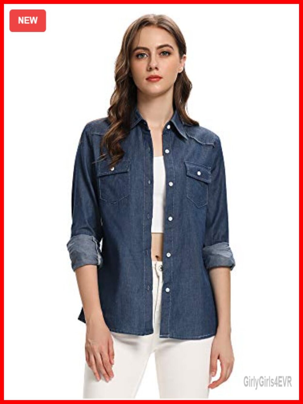 Women's 100% Cotton Chambray Button Down Shirt Long Sleeve Denim Blouse
